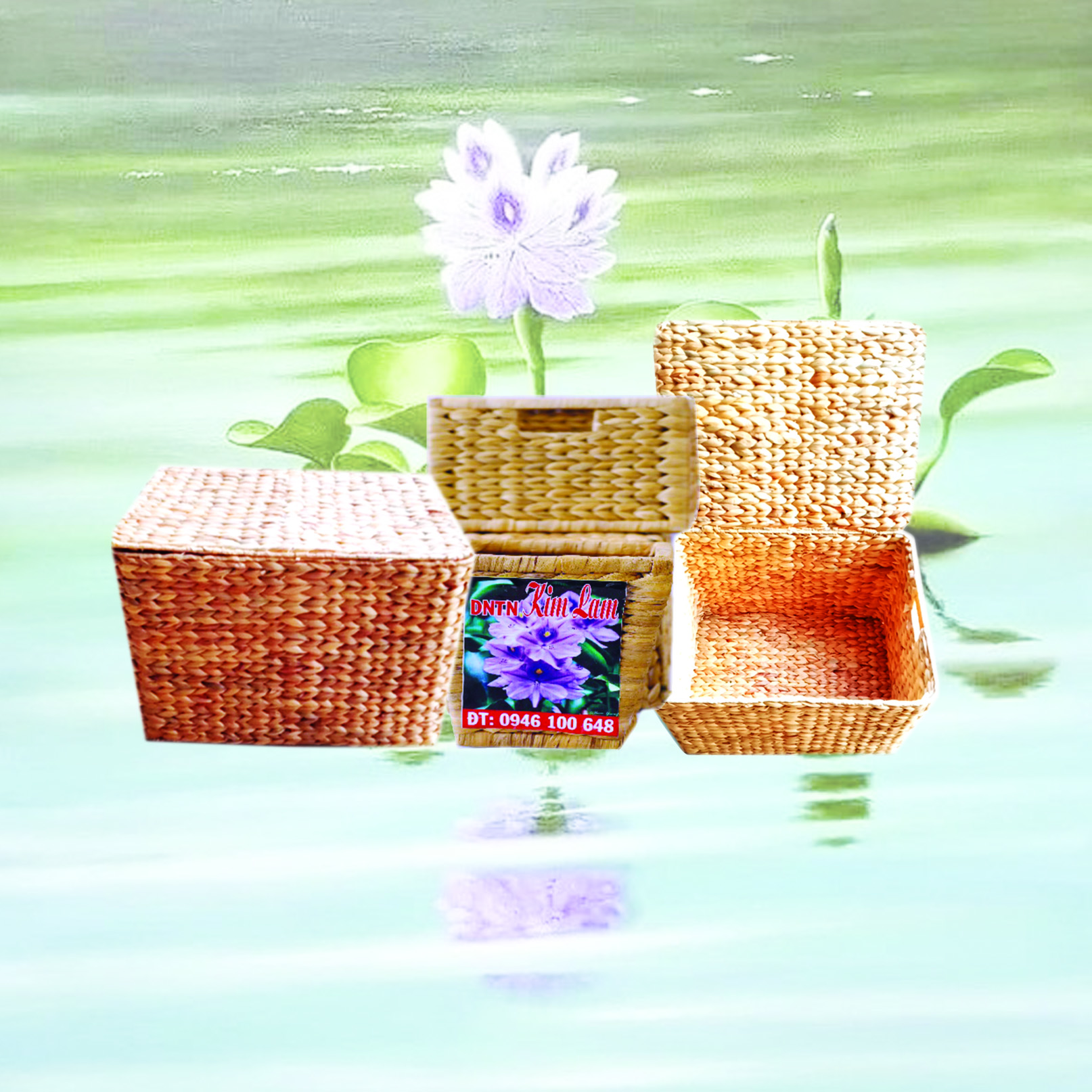 Bộ sản phâm đan băng Lục Bình: Thùng rác; hộc tủ; chậu bông